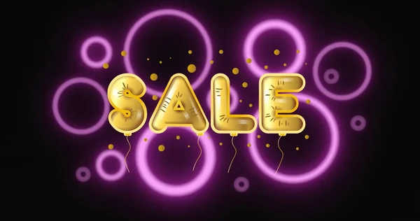 Image Yellow Balloon Sale Text Purple Neon Circles Background Retro — Stock Photo, Image