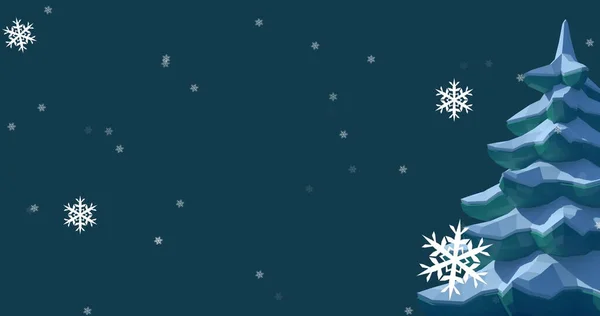 雪片飘落的冬季风景 蓝色背景的冷杉树的图像 圣诞佳节庆祝概念数码生成的图像 — 图库照片