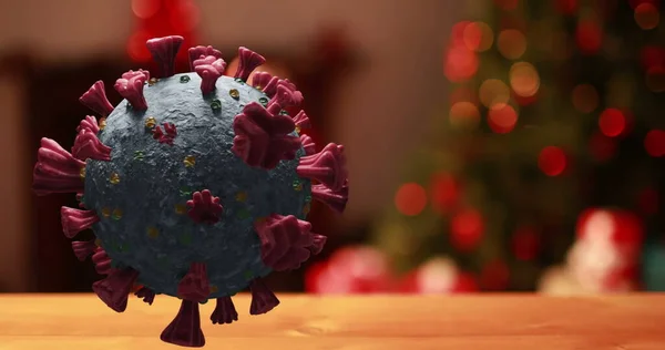 Εικόνα Του Covid Κυττάρων Κινείται Πάνω Από Χριστουγεννιάτικο Δέντρο Τρεμοπαίζει — Φωτογραφία Αρχείου