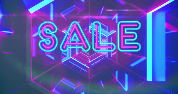 Kép Eladó Neon Szöveg Neon Rózsaszín Kék Alagút Háttérben Retro — Stock Fotó