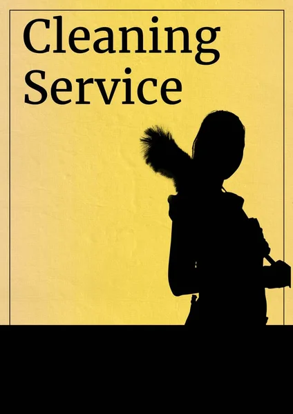 Czyszczenie Tekst Usługa Przeciw Sylwetka Kobieta Miotła Żółty Tło Sprzątanie — Zdjęcie stockowe