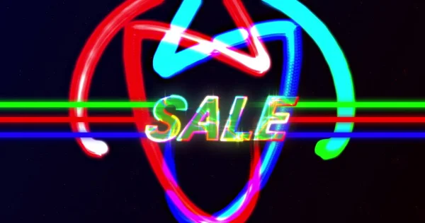 Afbeelding Van Verkooptekst Gloeiende Kleurrijke Letters Neonlijnen Lichte Paden Retro — Stockfoto