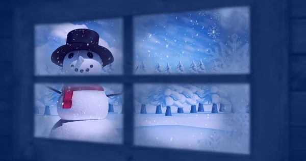 圣诞期间乡村冬季风景的图像 雪人和白雪从4K窗口飘落 — 图库照片