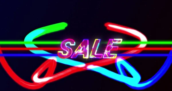 Obrázek Prodeje Zářícími Barevnými Písmeny Neonových Liniích Světlých Stezkách Retro — Stock fotografie