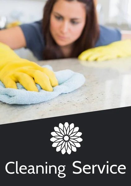 Cleaning Service Text Flower Icon Caucasian Woman Cleaning Cloth Cleaning — Stock Photo, Image