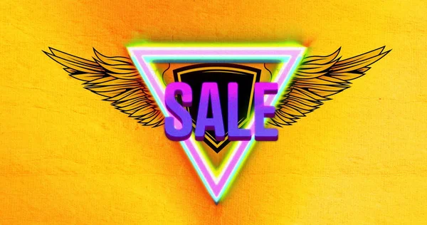 Afbeelding Van Paarse Sale Tekst Neon Driehoeken Vintage Vleugels Patroon — Stockfoto