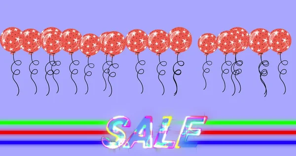 Obraz Tekstu Sprzedaży Nad Czerwonymi Balonami Neonowymi Paskami Fioletowym Tle — Zdjęcie stockowe