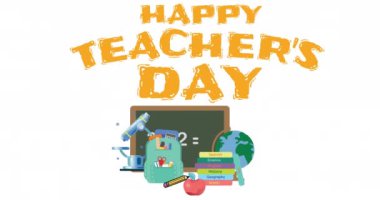 Mutlu öğretmenlerin günlük animasyonu beyaz arka planda okul simgeleri üzerinden yazılıyor. eğitim, okul ve öğretim konsepti dijital olarak oluşturulmuş video.