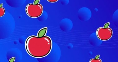 Kırmızı elmanın animasyonu mavi arkaplandaki şekiller üzerinde tekrarlandı. doğa, desen, renk ve hareket konsepti dijital olarak oluşturulmuş video.