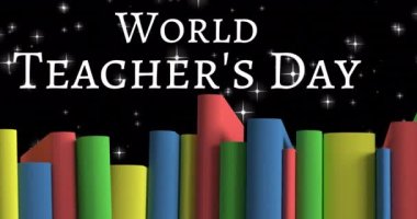 Dünya öğretmenlerinin animasyonu. Siyah arka plandaki yıldızlar yerine günlük metinler ve kitaplar. eğitim, okul ve öğretim konsepti dijital olarak oluşturulmuş video.