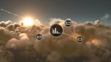 Gökyüzü üzerindeki simgelerle bağlantı ağının animasyonu. küresel bağlantılar ve dijital arayüz konsepti dijital olarak oluşturulmuş video.