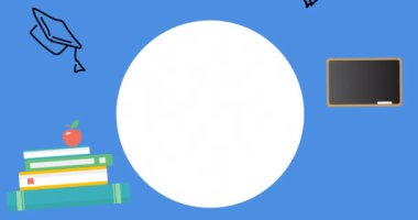 Mavi arka planda okul simgeleri üzerinden mutlu öğretmenler günü mesajı animasyonu. eğitim, bilgi ve okul konsepti dijital olarak oluşturulmuş video.