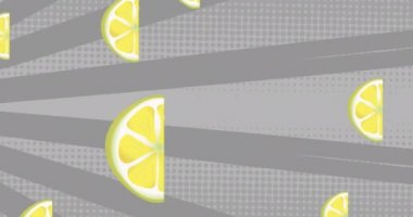 Limon animasyonu gri çizgili arka planda tekrarlandı. doğa, desen, renk ve hareket konsepti dijital olarak oluşturulmuş video.