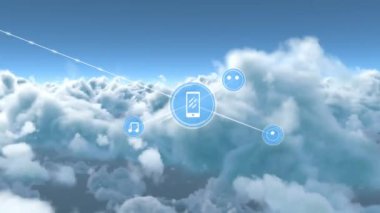 Gökyüzü üzerindeki simgelerle bağlantı ağının animasyonu. küresel bağlantılar ve dijital arayüz konsepti dijital olarak oluşturulmuş video.