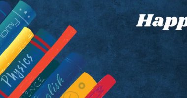 Mavi arkaplanda kitap simgeleri üzerine Mutlu Öğretmenler Günü metninin animasyonu. eğitim, bilgi ve okul konsepti dijital olarak oluşturulmuş video.