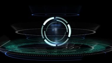 Siyah arka planda çoklu neon yuvarlak tarayıcıların dijital animasyonu. Amerikan bağımsızlık günü konsepti