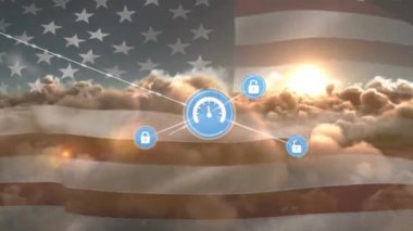 Amerika Birleşik Devletleri bayrağı ve gökyüzü üzerindeki simgelerle bağlantı ağının animasyonu. küresel bağlantılar ve dijital arayüz konsepti dijital olarak oluşturulmuş video.