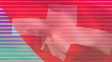 Soyut şekillerin dijital bileşimi ve el sallayan bayrak üzerinde büyük satış metni. satış indirimi ve perakende iş konsepti