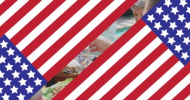 Yemek boyunca şarap içerken aile bayrağının üzerinde Amerikan bayrağının canlandırılması. Vatanseverlik ve kutlama konsepti dijital olarak oluşturulmuş video.