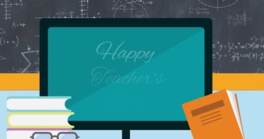 Yeşil arka planda okul simgeleri üzerinden mutlu öğretmenler günü mesajı animasyonu. eğitim, bilgi ve okul konsepti dijital olarak oluşturulmuş video.