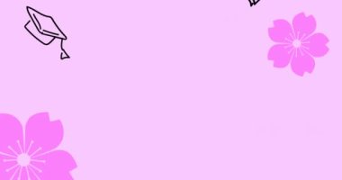 Pembe arka planda düşen okul simgelerinin canlandırması. eğitim, bilgi ve okul konsepti dijital olarak oluşturulmuş video.