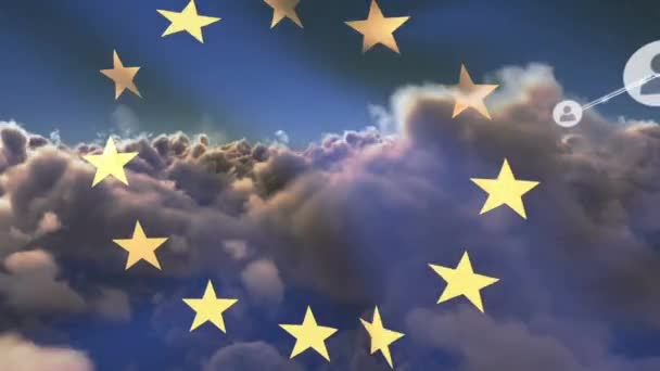 Κινούμενο Δίκτυο Συνδέσεων Εικονίδια Πάνω Από Σημαία Της Ευρωπαϊκής Ένωσης — Αρχείο Βίντεο