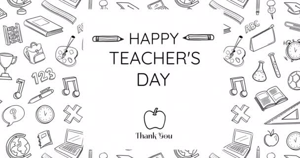 Animace Šťastných Učitelů Den Text Přes Školní Předměty Bílém Pozadí — Stock video