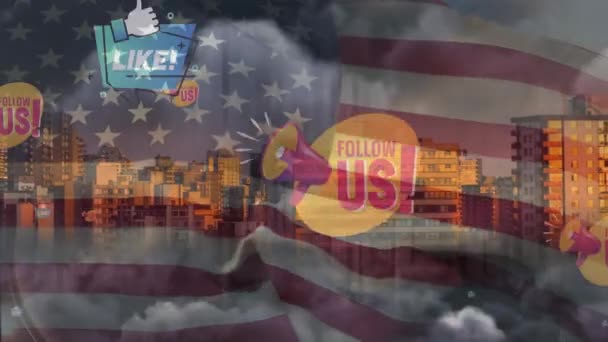 Több Közösségi Média Ikon Lebeg Amerikai Zászló Felett Városkép Ellen — Stock videók