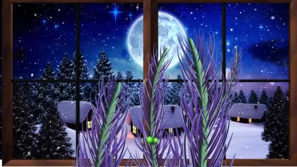 Animation Neige Tombant Sur Père Noël Traîneau Avec Rennes Lune — Video