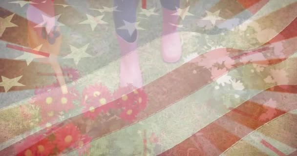 Animation American Flag Woman Working Garden Patriotism Celebration Concept Digitally — Stock Video