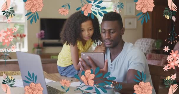 Animation Flowers Happy African American Father Daughter Using Tablet Laptop — 图库视频影像