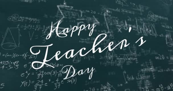 Animatie Van Happy Teacher Day Tekst Wiskundige Vergelijkingen Groene Achtergrond — Stockvideo