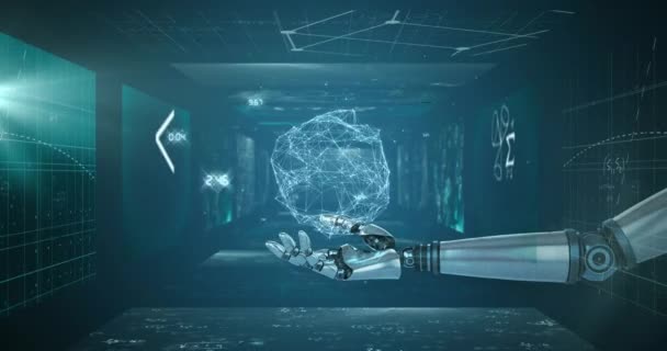 Globe Van Netwerk Van Verbindingen Robothand Tegen Schermen Met Wiskundige — Stockvideo