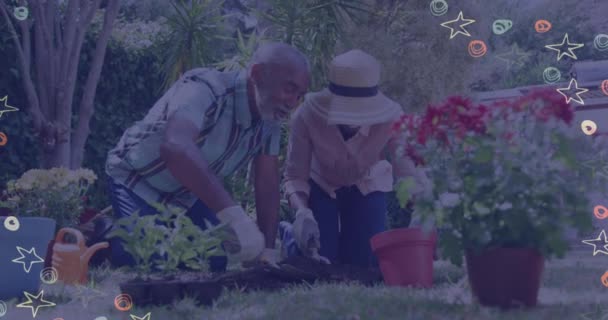 Animation Stars Circles African American Senior Couple Gardening American Patriotism — Stock Video