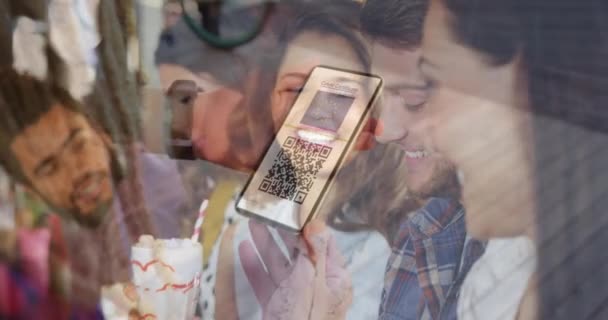 Woman Holding Smartphone Code Screen Caucasian Woman Drinking Smoothie Covid — Stock Video