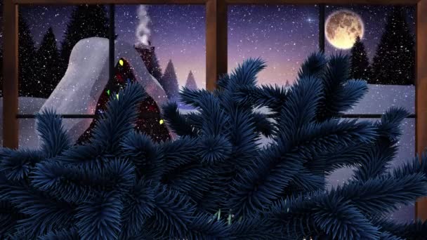Animação Neve Caindo Sobre Ramos Abeto Lua Cenário Inverno Visto — Vídeo de Stock