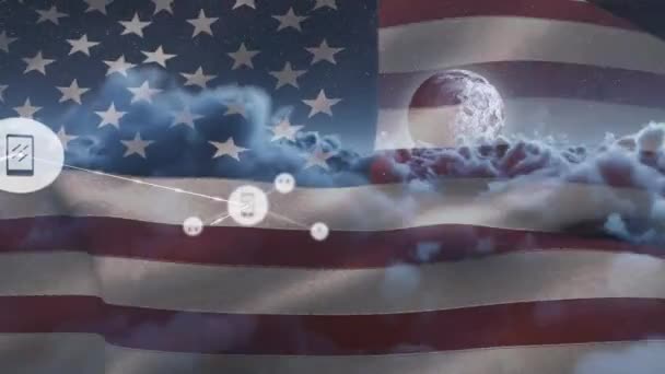 Animación Red Conexiones Con Iconos Sobre Bandera Estados Unidos América — Vídeo de stock