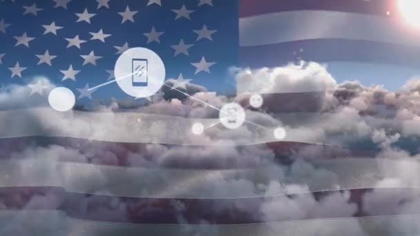 Animación Red Conexiones Con Iconos Sobre Bandera Estados Unidos América — Vídeos de Stock