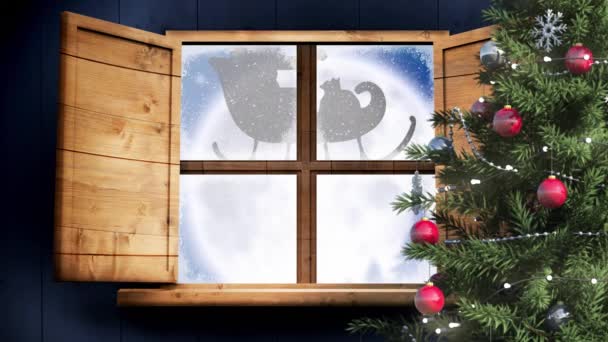 Рождественская Елка Деревянная Оконная Рама Против Санта Клауса Санях Тянут — стоковое видео