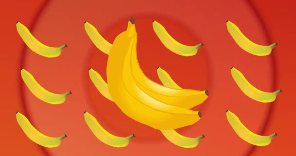 Animación Plátano Repetida Sobre Círculos Sobre Fondo Rojo Naturaleza Patrón — Vídeo de stock