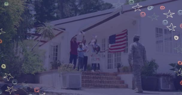 在非洲裔美国家庭上空升起美国国旗 欢迎士兵在回家的路上 美国爱国主义和独立的概念数字生成视频 — 图库视频影像