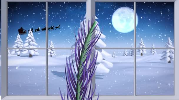 Animation Snow Falling Santa Claus Sleigh Reindeer Moon Seen Window — Stock Video
