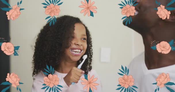 Анимация Цветов Над Счастливыми Африканскими Американскими Отцом Дочерью Чистящими Зубы — стоковое видео