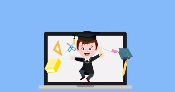Animación Artículos Escolares Iconos Estudiantiles Sobre Fondo Azul Educación Conocimiento — Vídeos de Stock