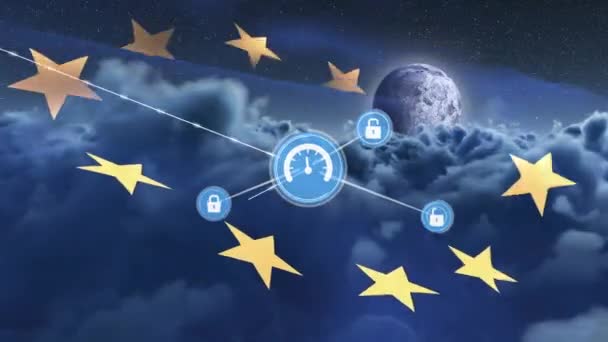 在欧洲联盟和天空的旗帜上与图标连接的网络动画 全球连接和数字接口概念数字生成视频 — 图库视频影像