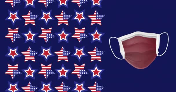 蒙面面具和星辰的动画 用美国国旗着色 全球联盟19大流行病概念数码视频 — 图库视频影像
