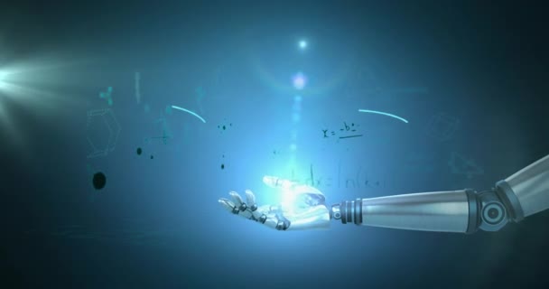 青色の背景に浮かぶ数学的方程式に対してロボットの手の上の光のスポット 人工知能と未来技術の概念は — ストック動画