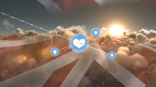 Birleşik Krallık Gökyüzü Bayrağı Üzerindeki Simgelerle Bağlantı Ağının Animasyonu Küresel — Stok video