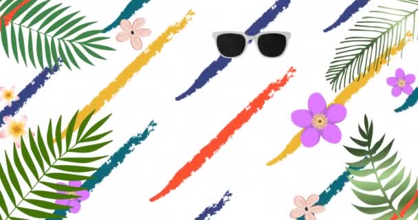 Animación Gafas Sol Plantas Flores Sobre Fondo Blanco Verano Patrón — Vídeo de stock