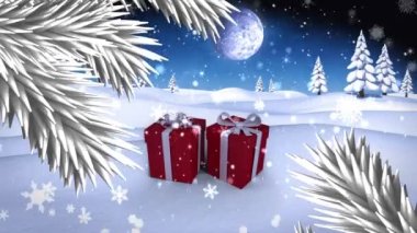 Kış manzarasında Noel hediyelerinde köknar dallarının canlandırılması. Noel, gelenek ve kutlama konsepti dijital olarak oluşturuldu.